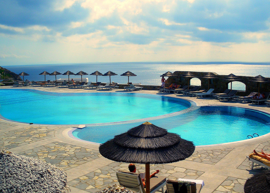 Superb pool and views beyond the spectacular at the Royal Myconian Hotel in Mykonos